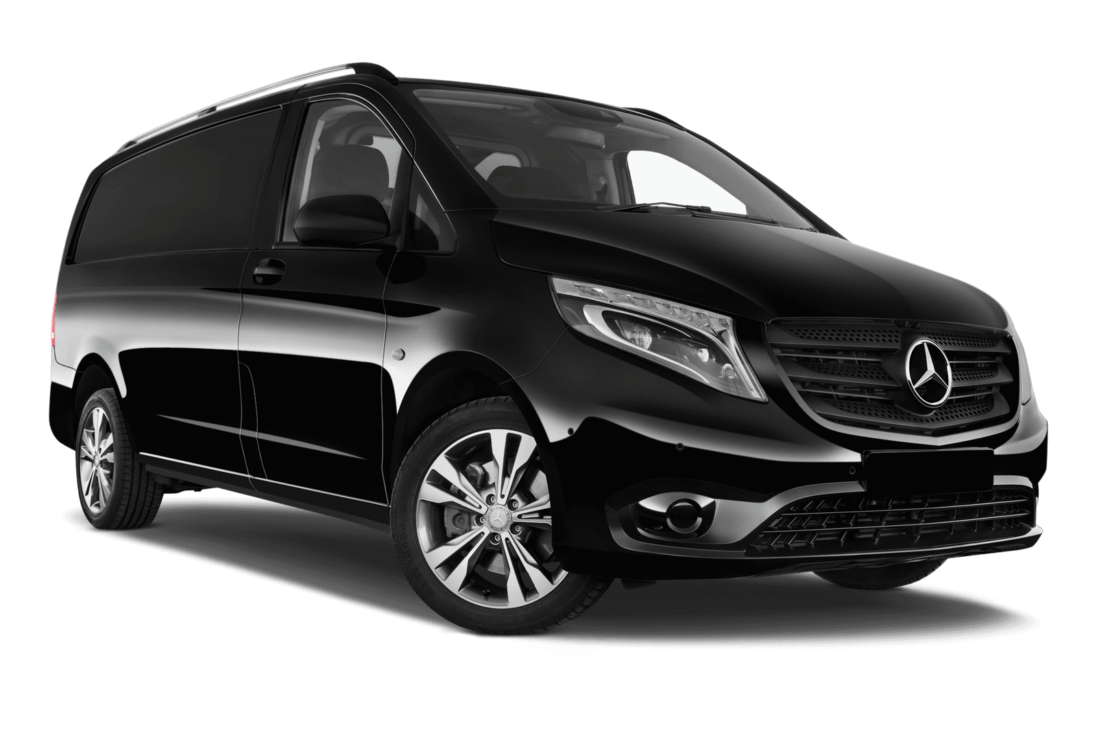 Black Mercedes Vito passenger van photographed from a low front three-quarter angle