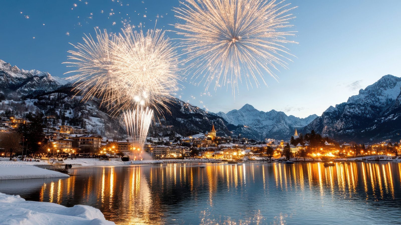 Lago invernale con montagne e fuochi d’artificio, immagine di un evento privato