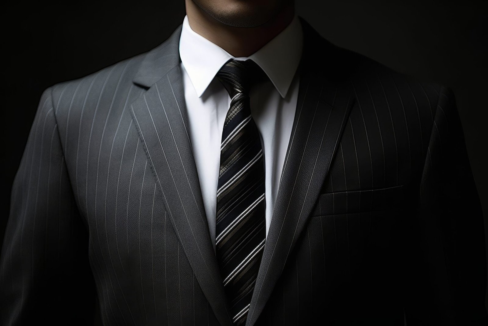 Close view of a dark suit, white shirt and striped tie