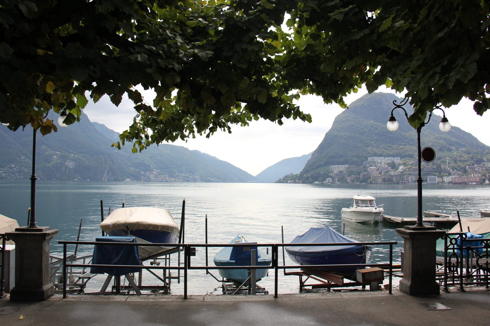 Empty lakeside cafe tables beneath leafy branches with boats beyond