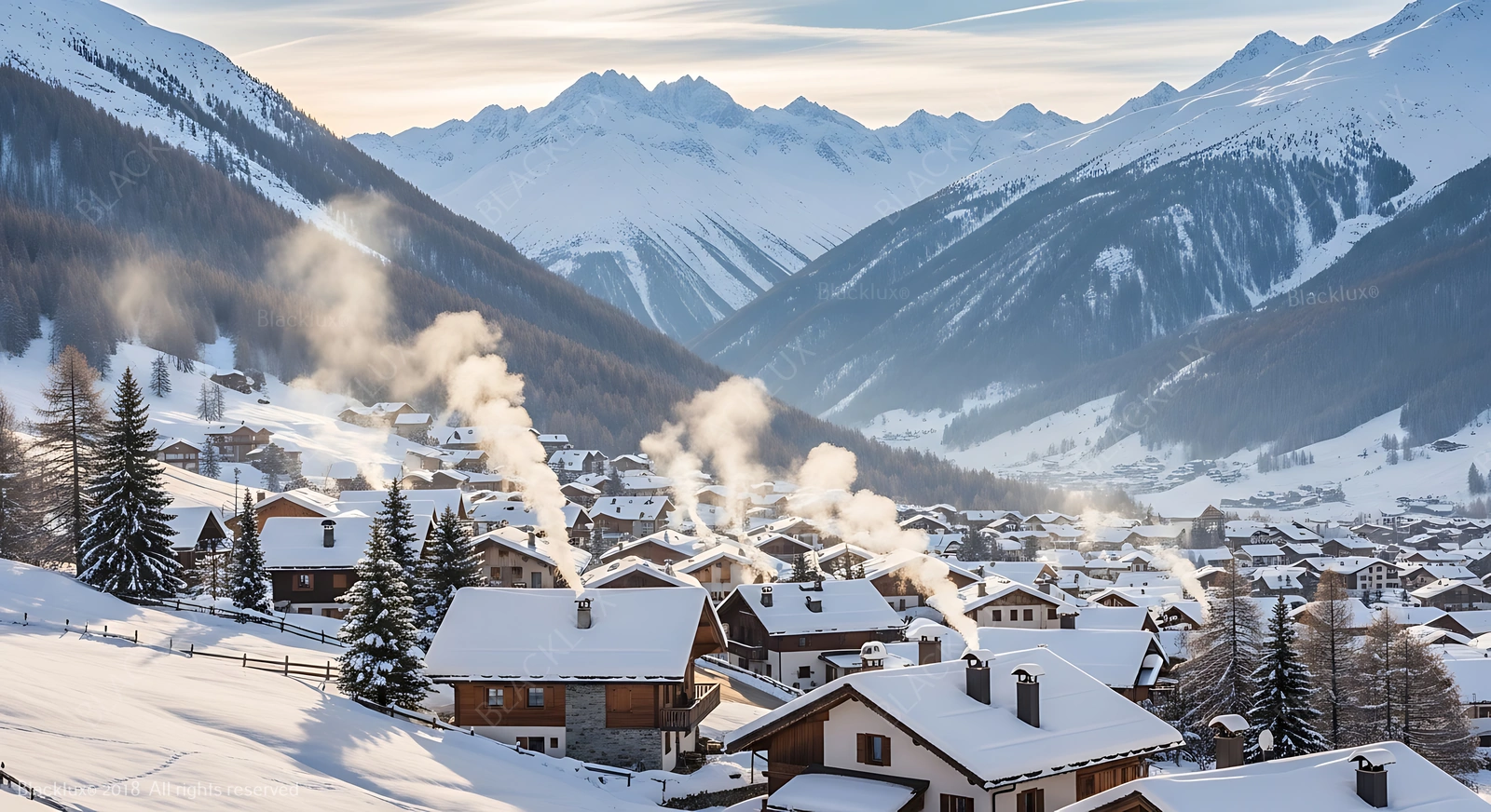 Snow-covered village buildings with a church and mountains behind