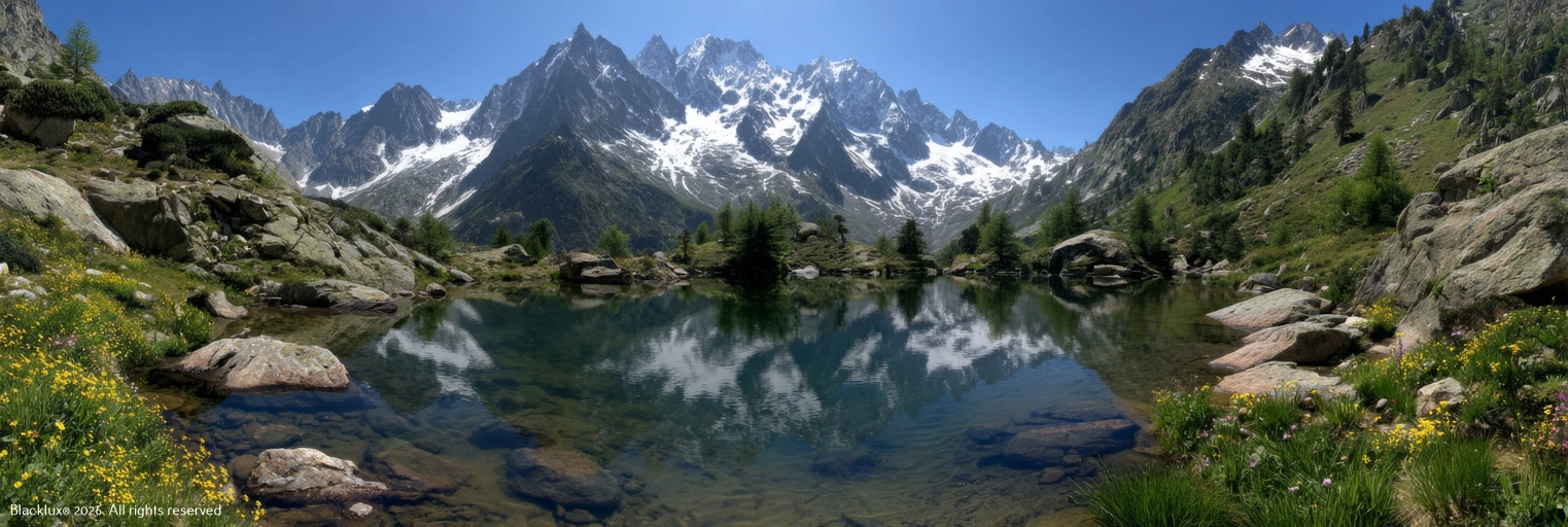 Lago alpino tra rocce, vegetazione e cime montuose