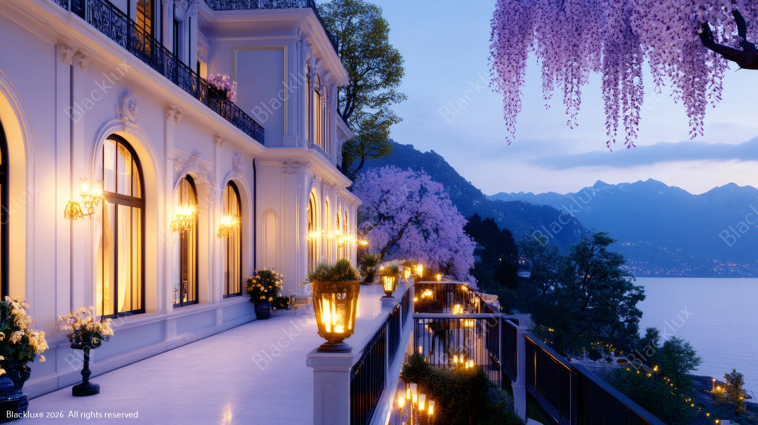 White lakeside villa facade with illuminated arched windows and purple wisteria at dusk