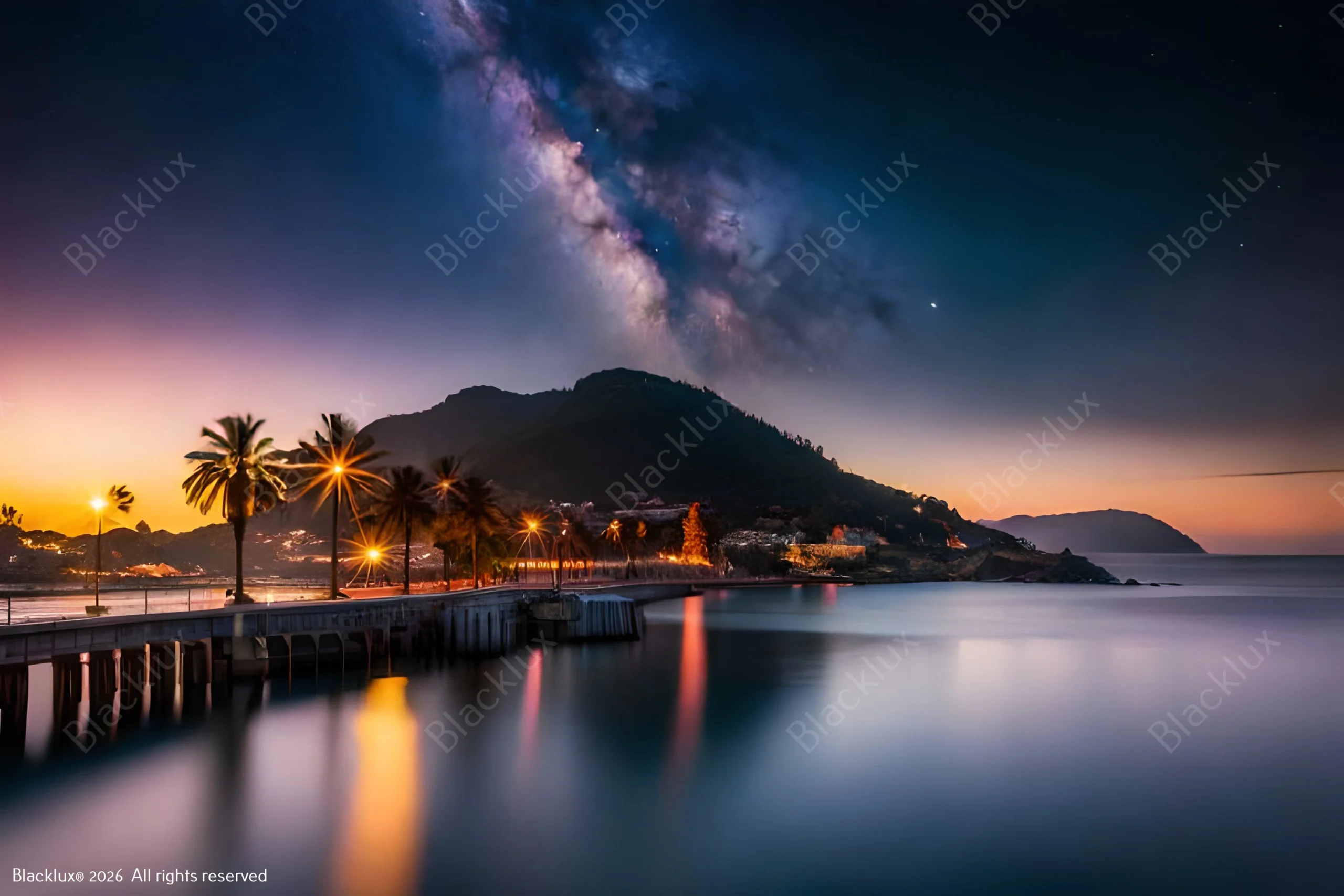 Palm-lined waterside promenade beneath a star-filled evening sky