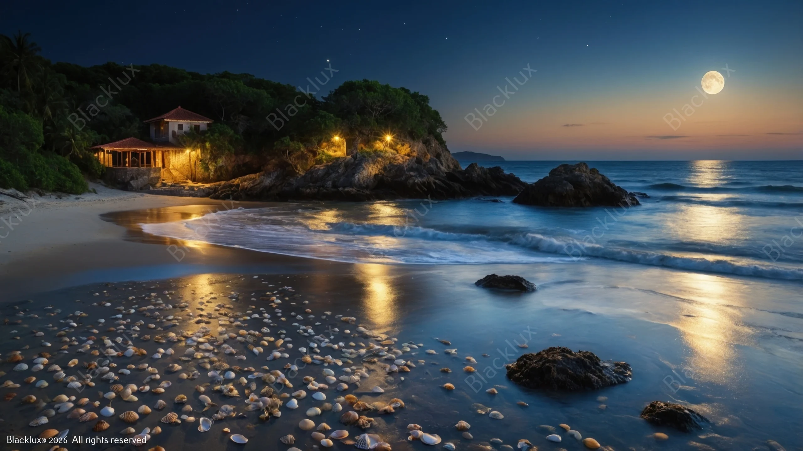 Moonlight reflected across a sandy shore beside rocks and a wooded headland