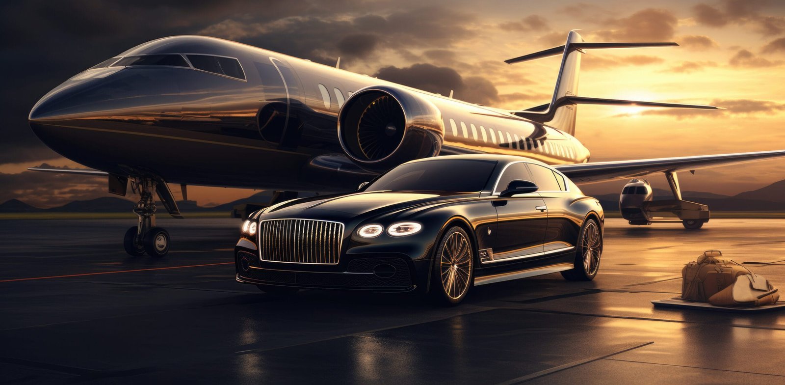 Private aircraft and luxury car representing private aviation connections to Klosters