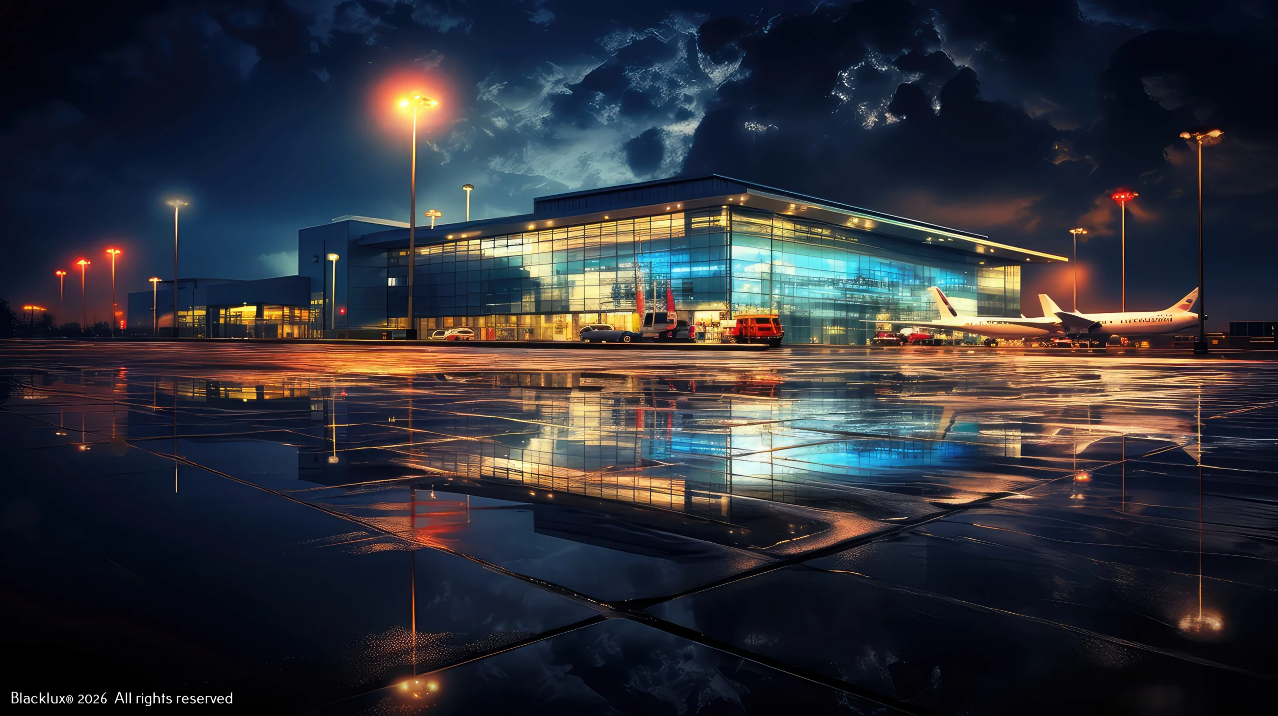 Airport terminal building reflected on wet pavement at night