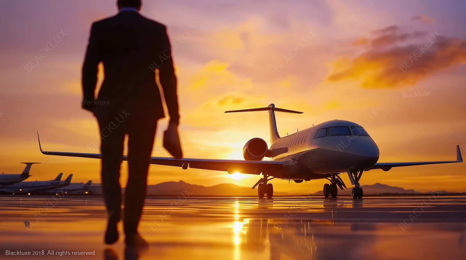 Silhouette of a traveller carrying a briefcase towards a private jet at sunset