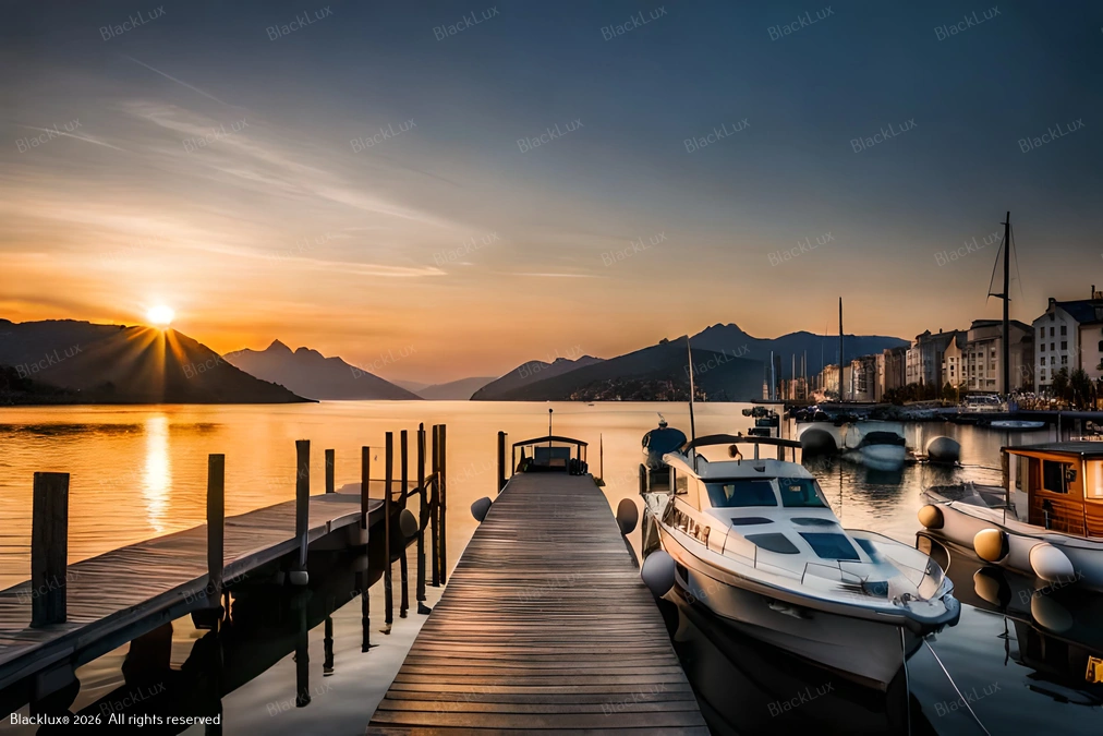 Wooden marina pier and white motorboat on a calm lake at sunset