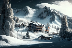 Luxury mountain chalet in Val d'Isère surrounded by snowy peaks and pine trees