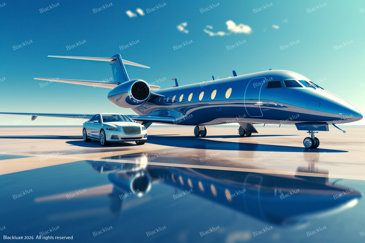 Private aircraft reflected on a wet airport apron