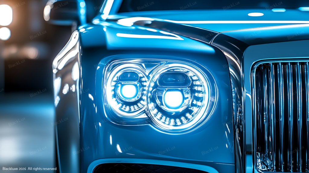 Zurich Airport Transfer: close-up of a luxury car headlight representing our premium private chauffeur service.