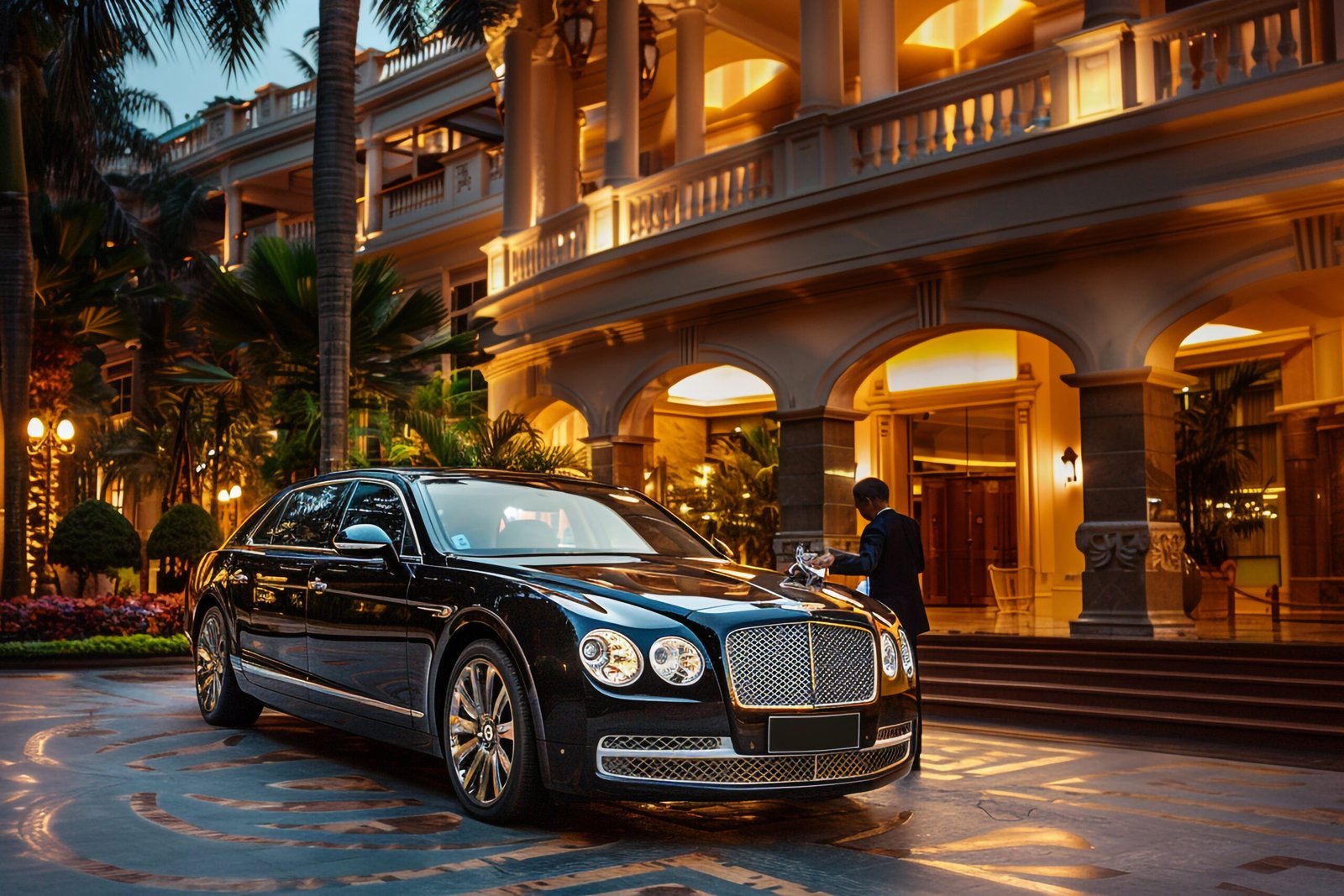 Berlina executive nera in arrivo presso un resort alpino di lusso