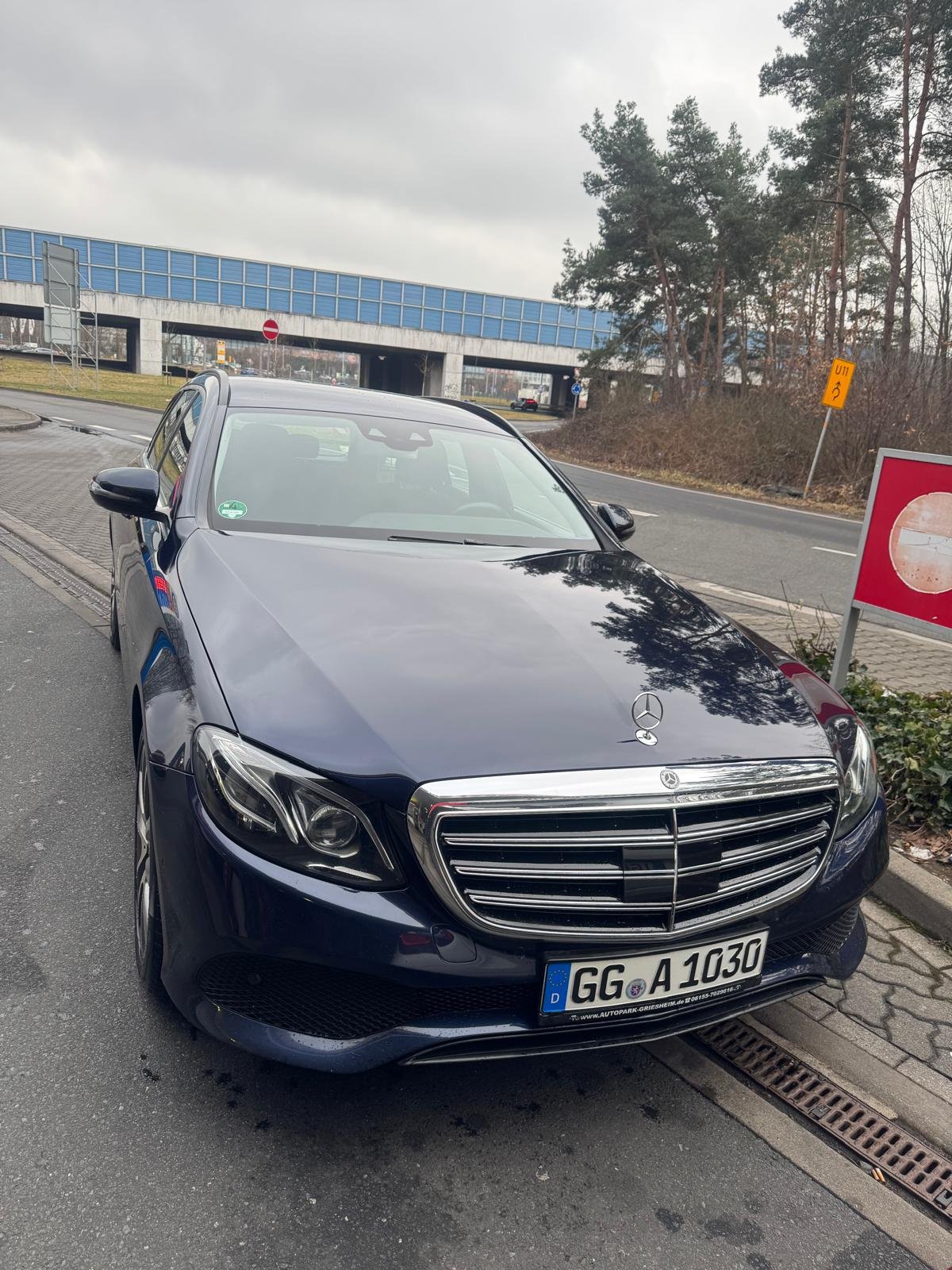 Dark blue Mercedes estate car parked beside a pavement under an overcast sky