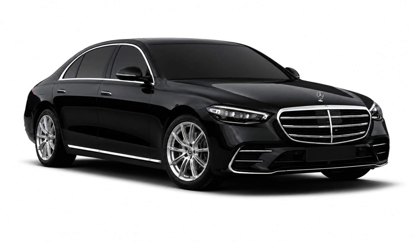 Black luxury sedan with tinted windows photographed against a white background
