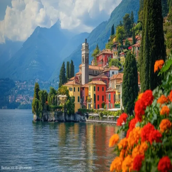 Illustrative lakeside village with colourful houses, a bell tower, cypresses and orange flowers
