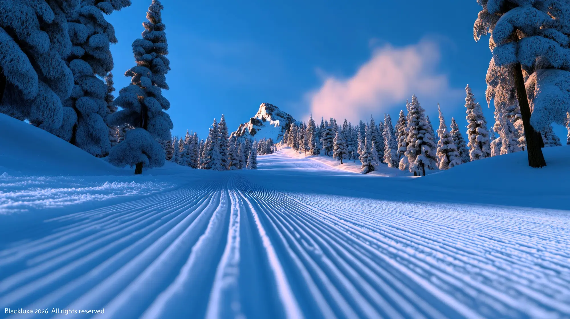 Low view across groomed snow toward frosted trees and a pink cloud
