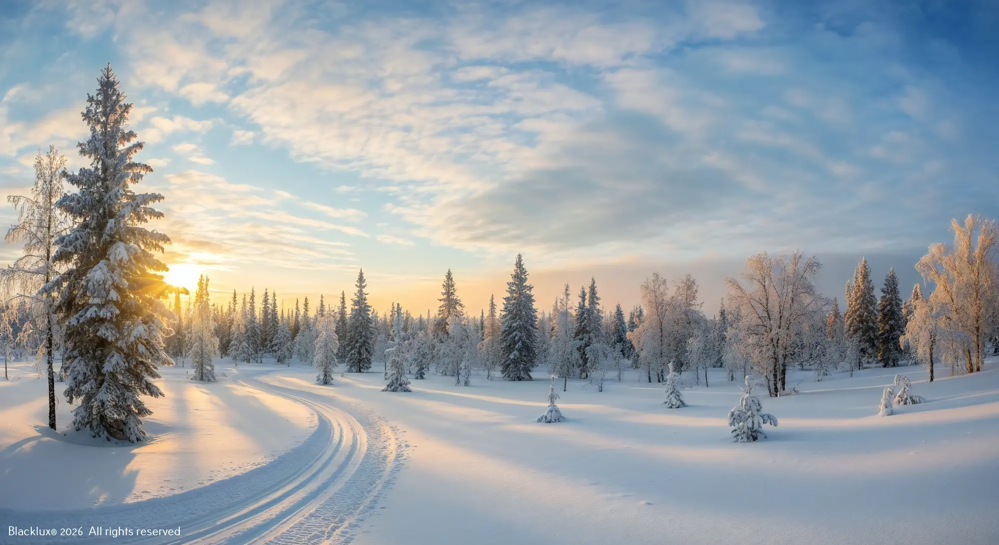 Snow-covered conifer forest beneath a pale winter sky with warm light on the horizon