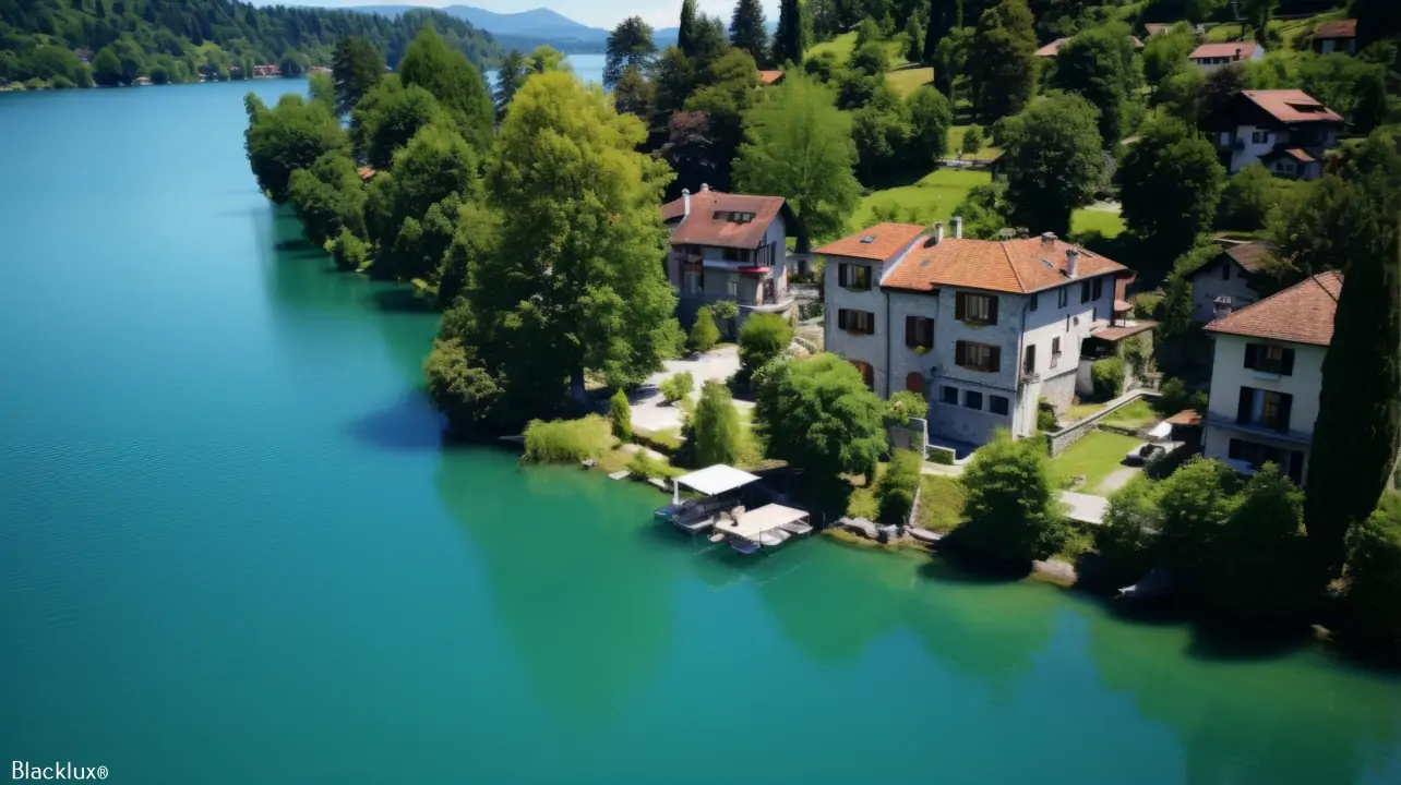 Elevated view of terraced lakeside homes with red roofs, gardens and private landing places