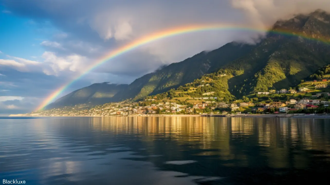 Rainbow above a lakeside settlement and mountain slopes