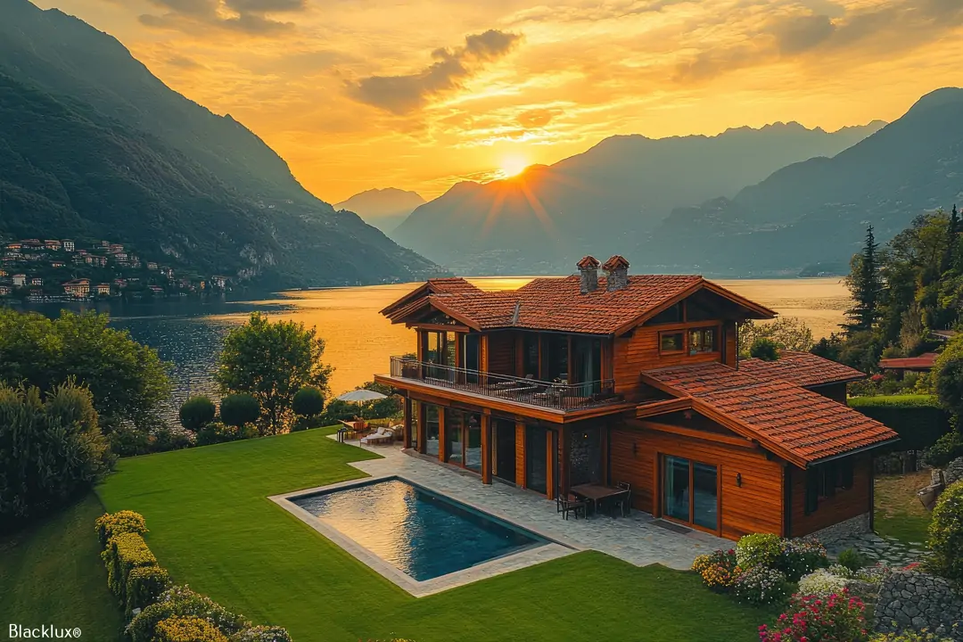 Wooden house with a garden and pool beside a mountain lake at sunset