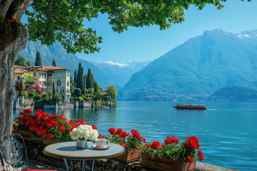 Shaded lakeside café table beside red flowers, with a passenger boat on blue water