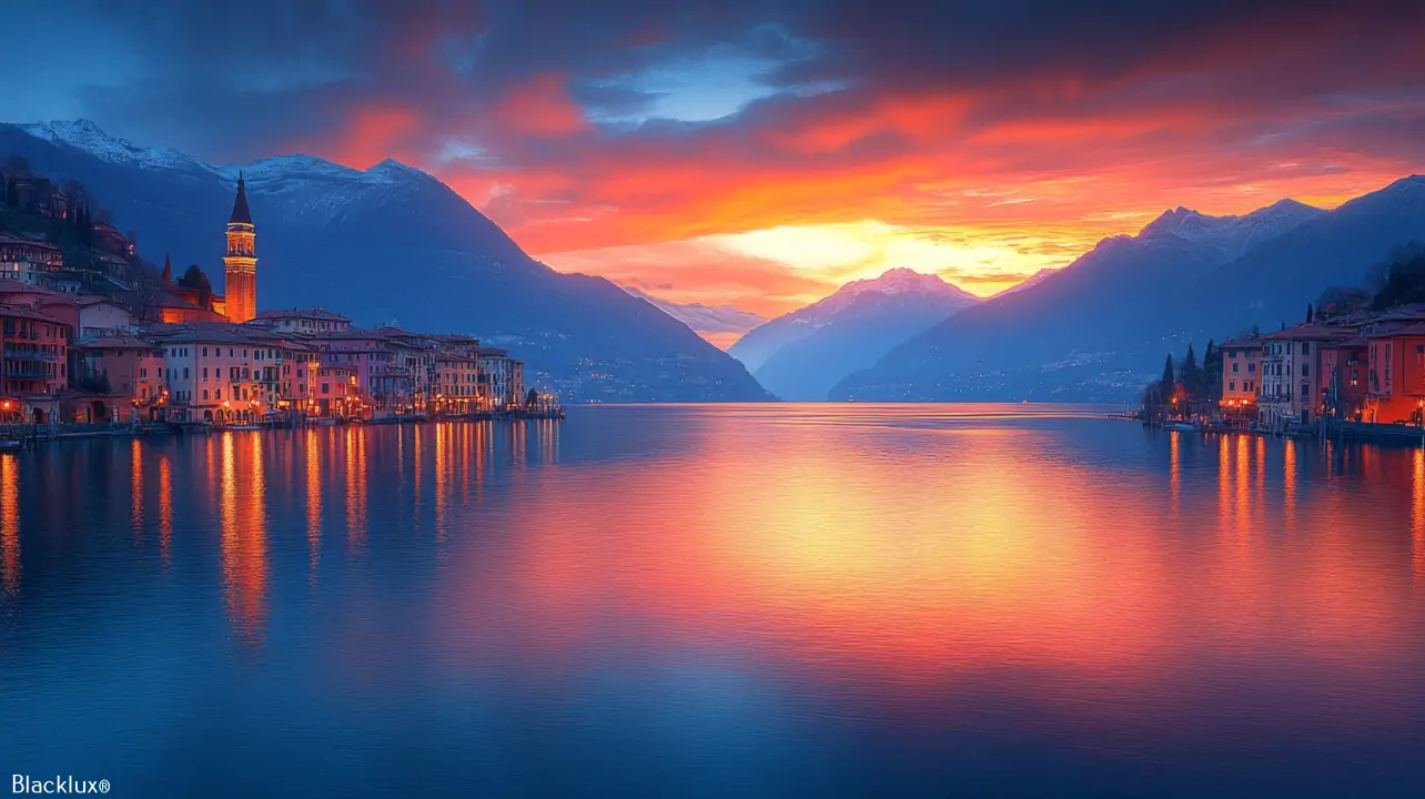 Orange and pink sunset reflected in a lake between buildings and mountain silhouettes