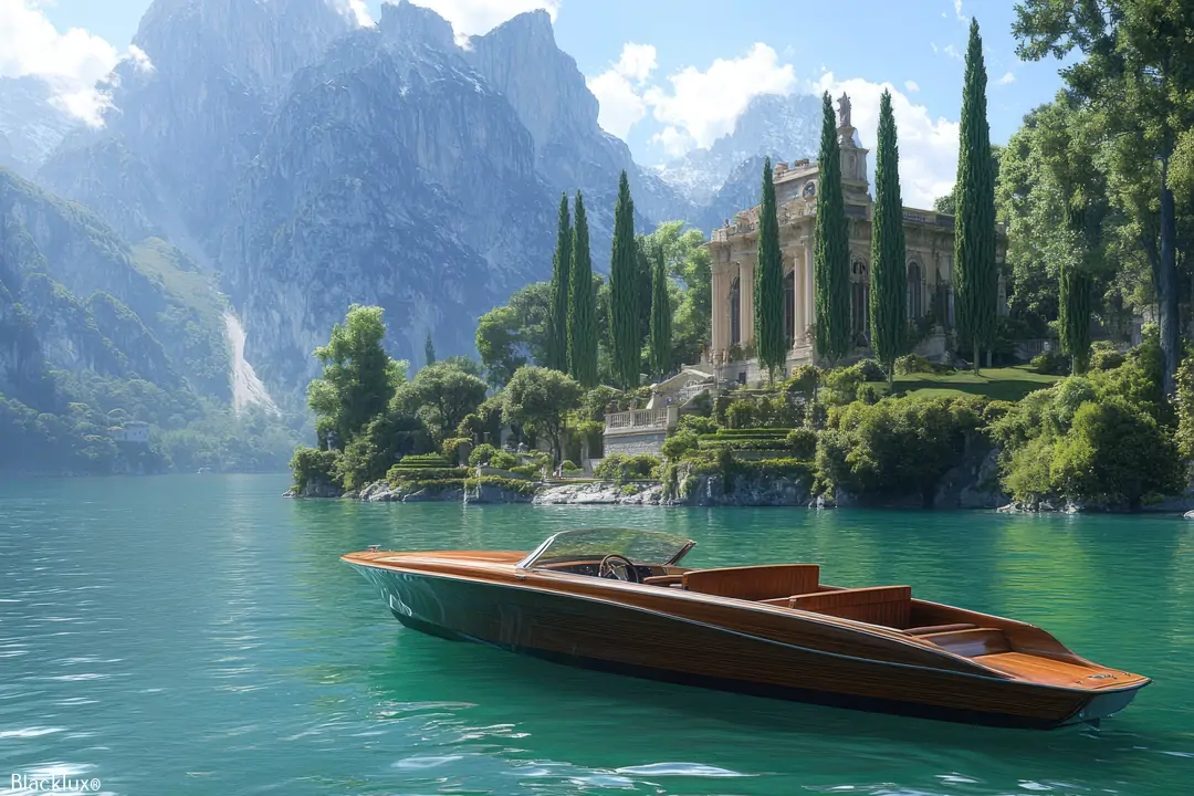Wooden motorboat on turquoise water beside a classical villa and tall cypress trees