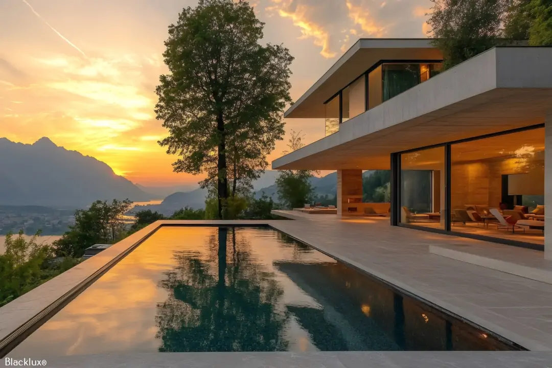 Modern villa with broad glass windows and a rectangular pool reflecting a golden sunset