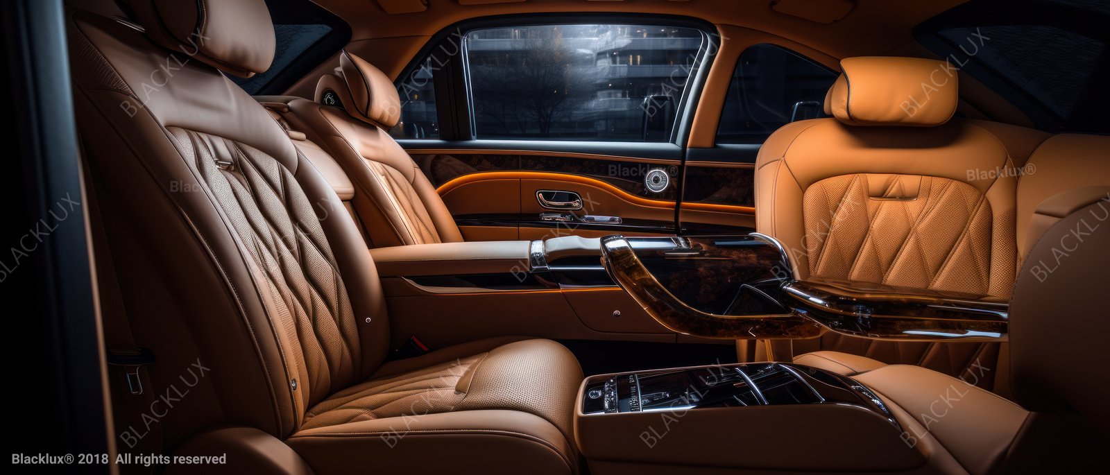 Brown leather passenger lounge with facing seats and a polished central table