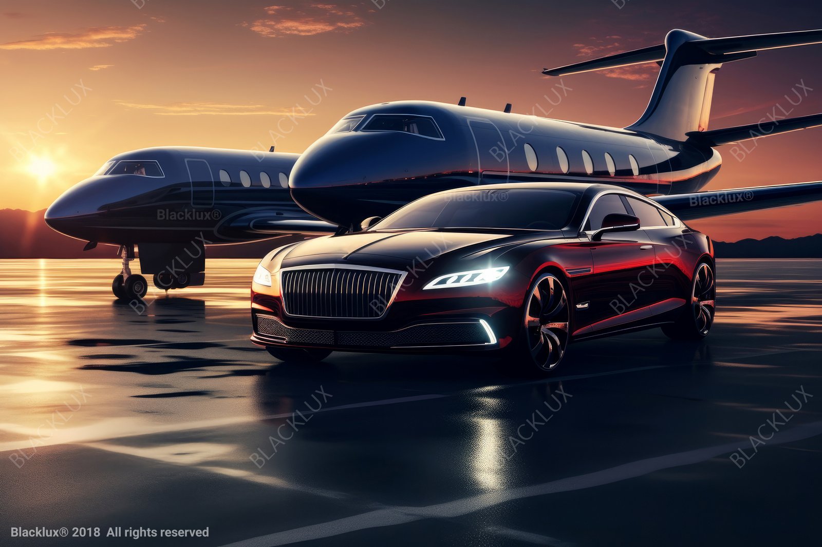 Black car in front of two dark private jets on a reflective apron at sunset