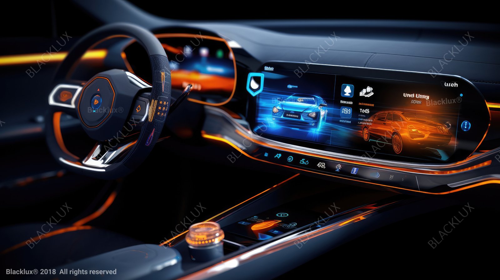 Close-up of a modern car dashboard with blue illuminated information screens