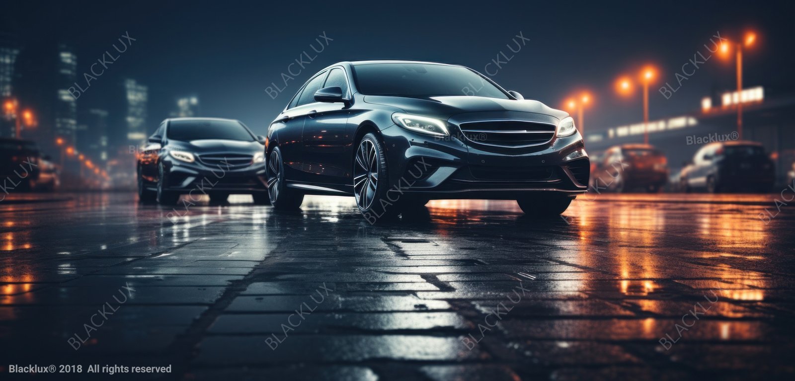 Two black sedans on wet urban pavement at night, with warm lights reflecting on the bodywork