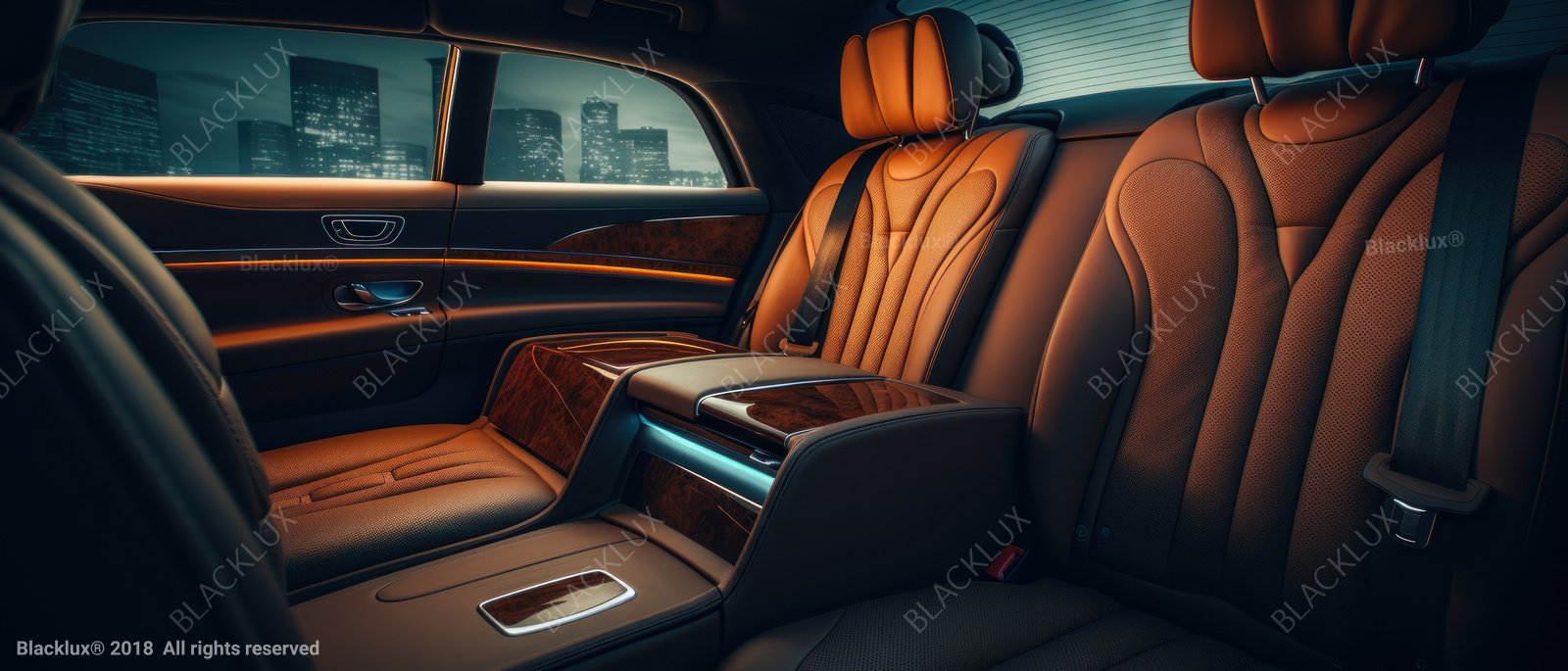 Wide interior view of two tan rear seats with a central armrest and dark wood trim