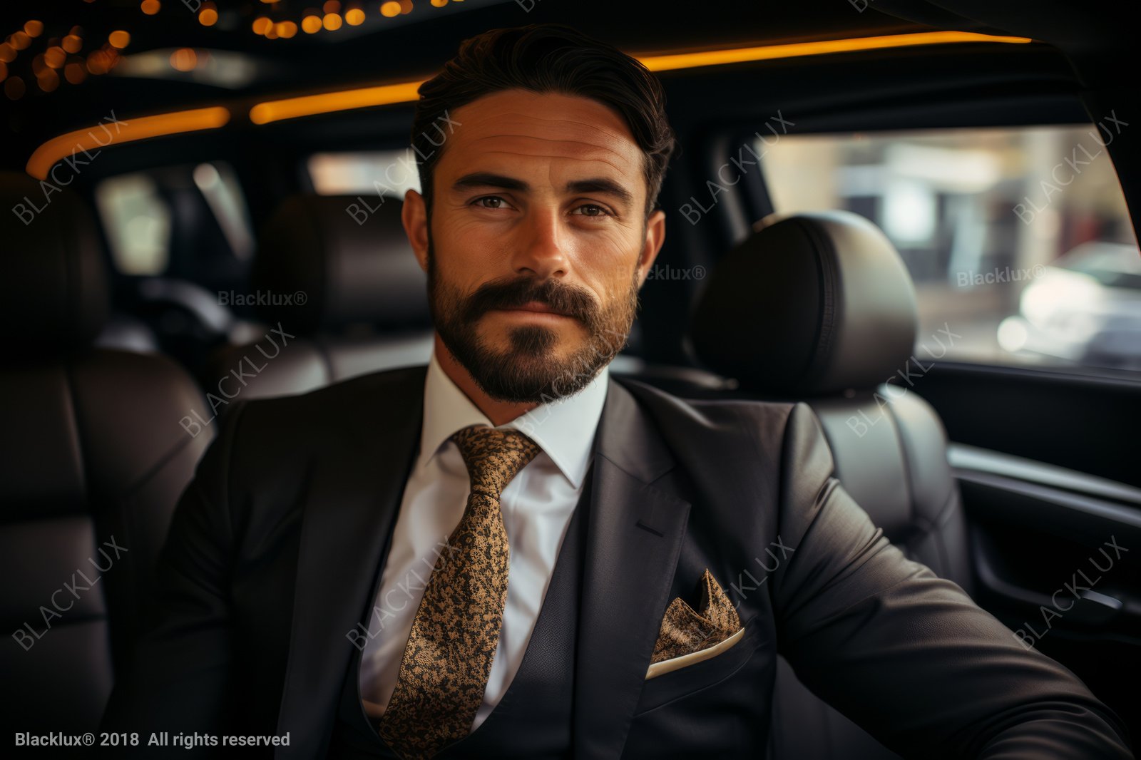 Traveller in a dark suit and gold tie seated in a warmly lit black car interior