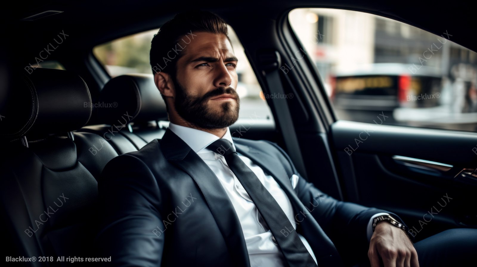 Bearded business traveller in a dark suit seated in a black car interior