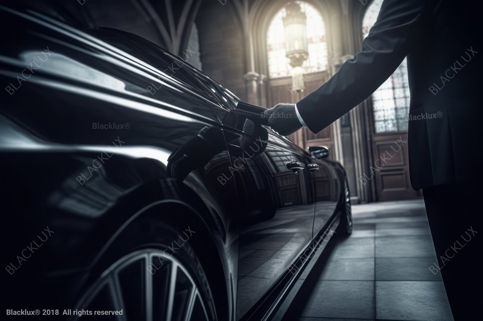 Low-angle view along a black car with a suited person holding the exterior door handle