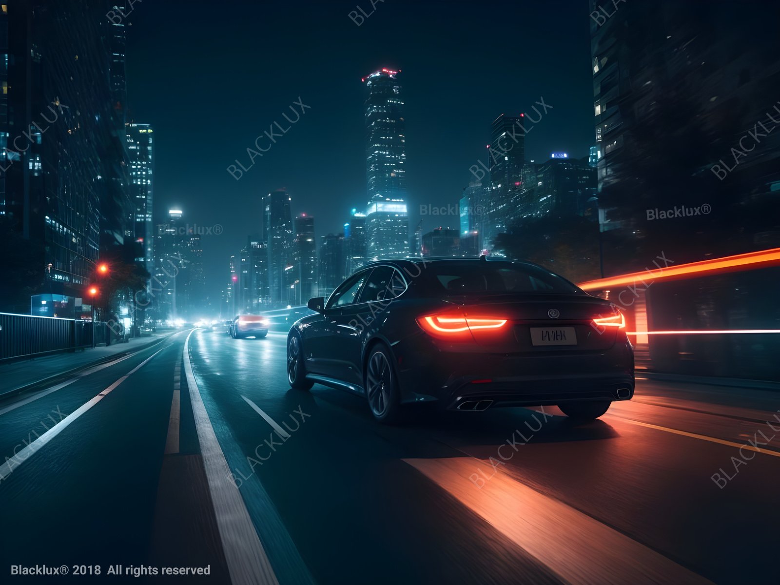 Rear view of a black sedan with red tail lights against a blue-lit city skyline at night