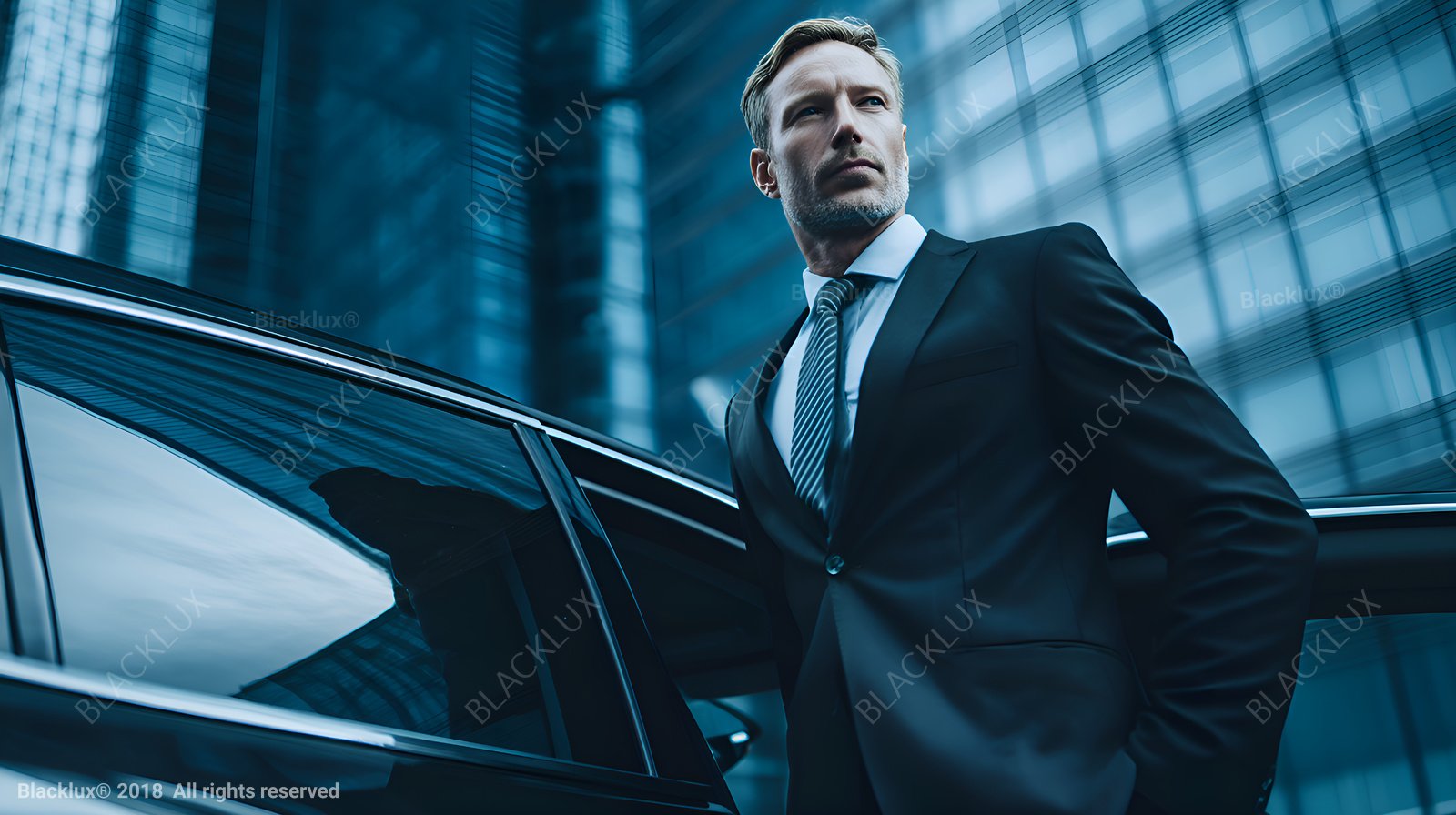 Low-angle portrait of a man in a dark suit beside a car against blue glass buildings