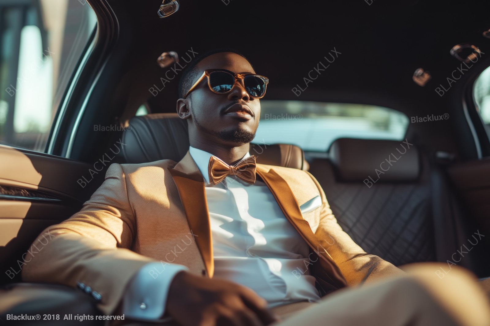 Passenger in a gold-coloured suit and bow tie seated in a dark quilted car interior