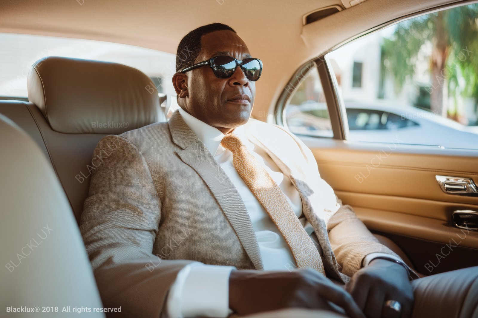 Man wearing a light suit seated in a cream-coloured car interior