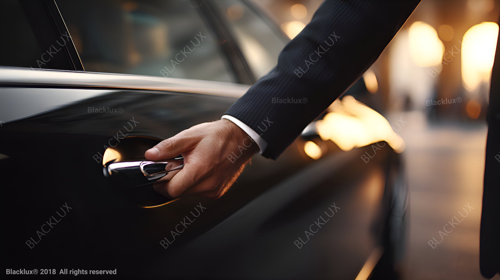 Hand reaching for the handle of a dark car door in warm light