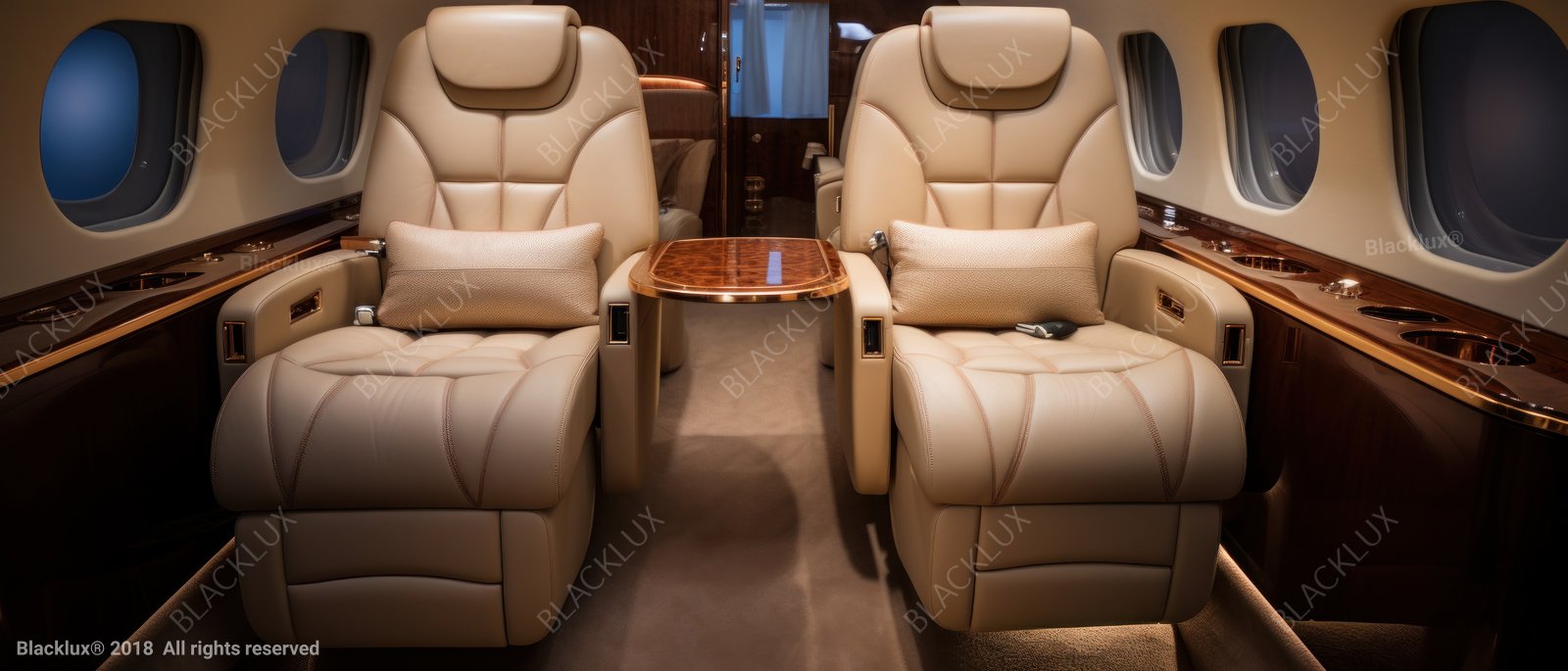 Cream aircraft cabin with facing seats and a wooden table, illustrating a private aviation connection