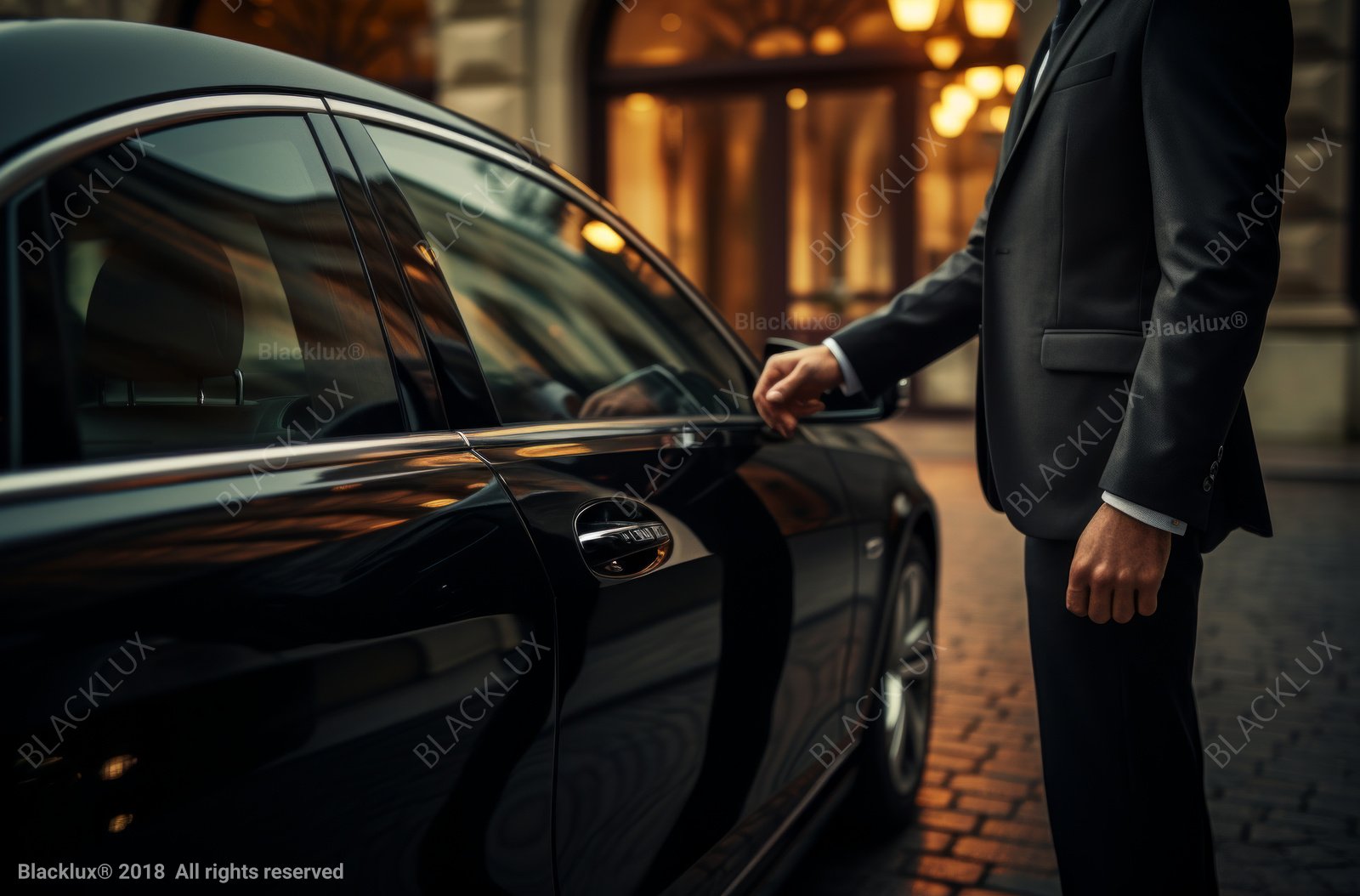 Close view of a suited person beside the door of a glossy black sedan outside a warmly lit entrance