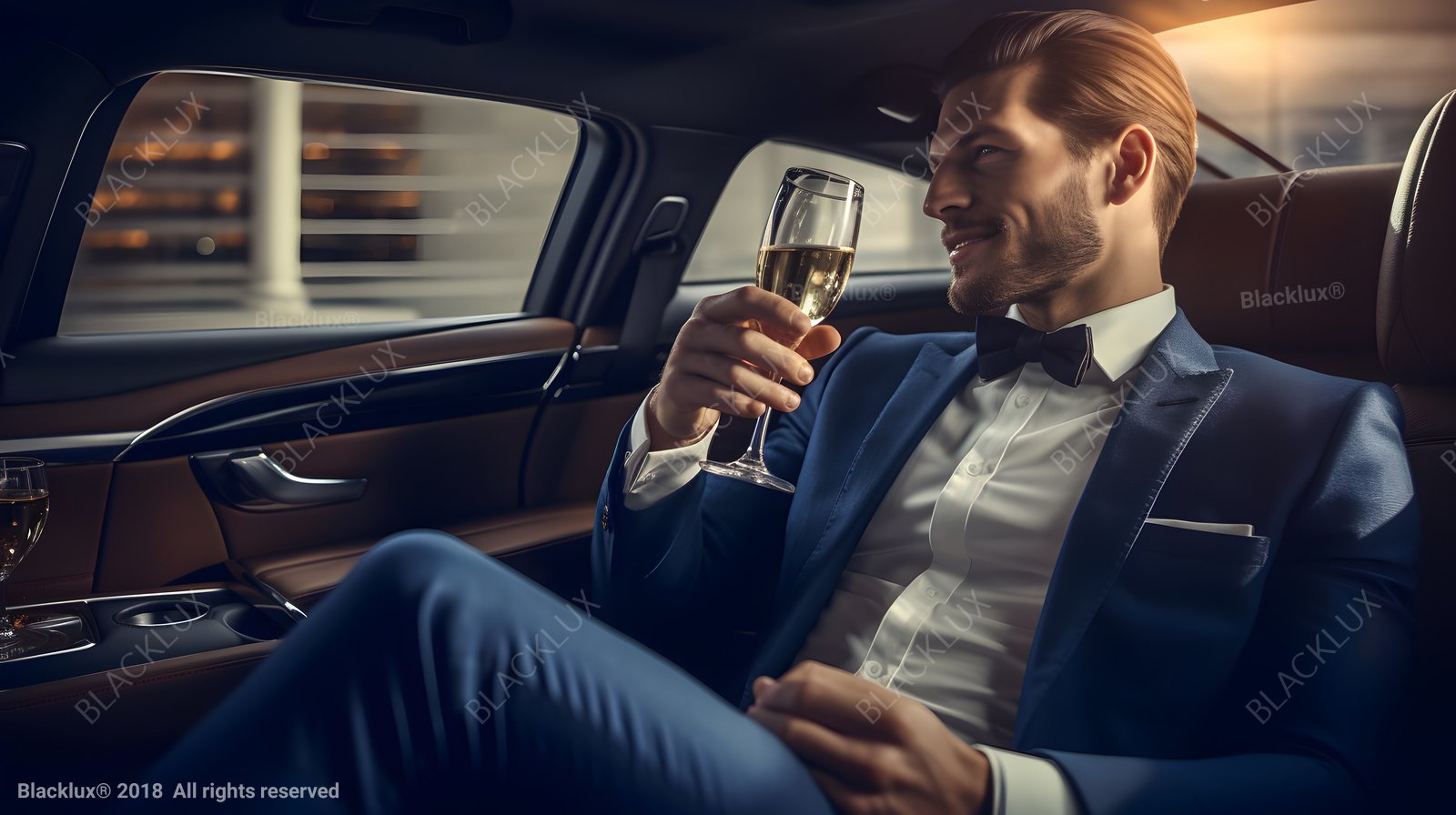 Passenger in a blue dinner suit holding a flute in a warmly lit rear car seat
