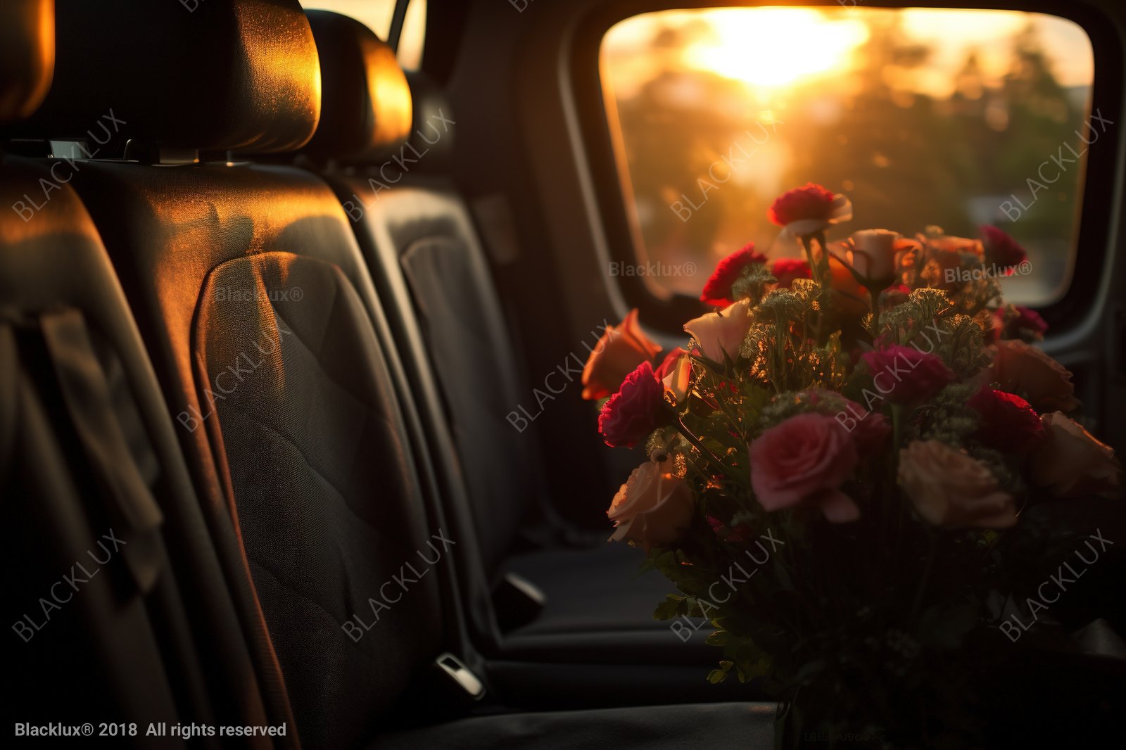 Warm evening light falling across a car seat with flowers in the foreground