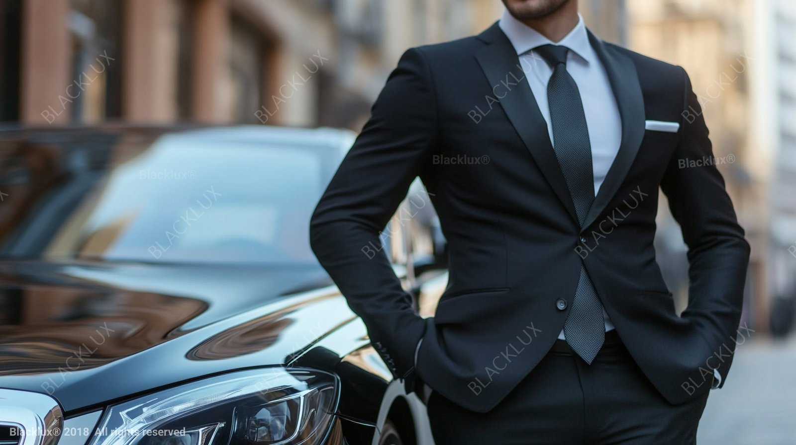 Cropped view of a man in a dark suit beside the front of a dark car