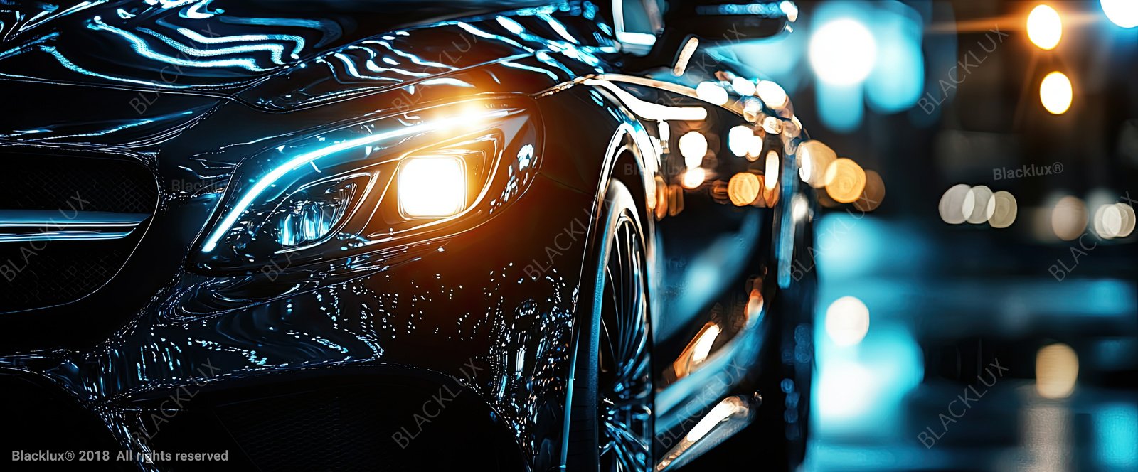 Close-up of an illuminated front headlight on a glossy black car