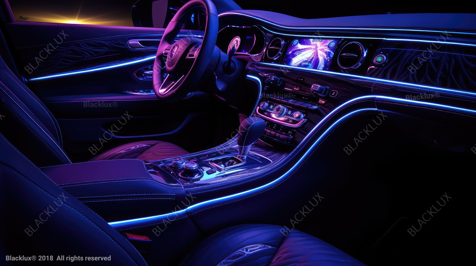 Car dashboard and centre console illuminated by blue and violet ambient light