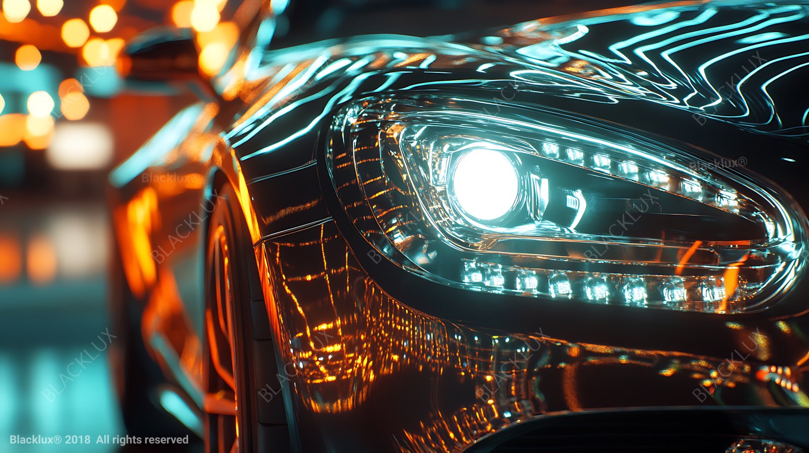 Close-up of an illuminated car headlamp with turquoise and orange reflections